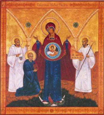 I tre fondatori dell'Abbazia di Cteaux: santo Stefano Harding, san Roberto di Molesme e sant'Alberico di Cteaux pregano la Madonna ed il Bambino
