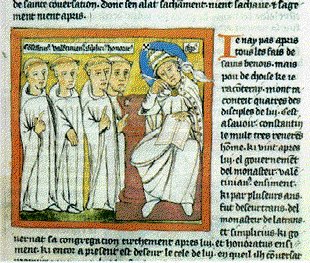 S. Gregorio che raccoglie testimonianze su S. Benedetto - Da i miracoli di S. B. 1437, Chantilly, Museo Condé