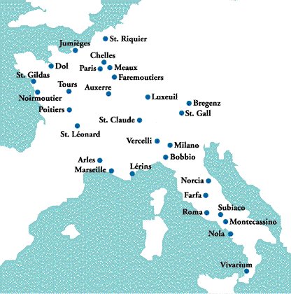 Mappa dei principali monasteri in Italia e Francia nel VI°, VII° e VIII° secolo